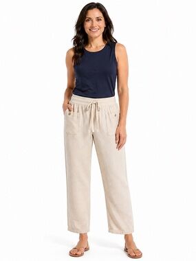 JM Collection Linen Pants Womens 14 Beige Coastal Resort Pull On Crop Casual